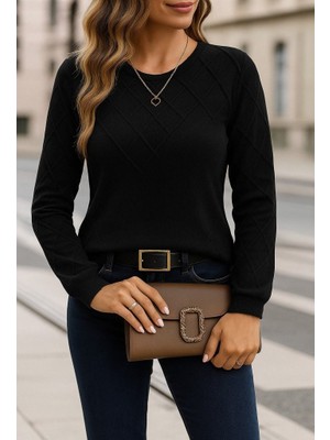 Marsilyan Kadın Uzun Kollu Bisiklet Yaka Geometrik Desenli Triko Bluz