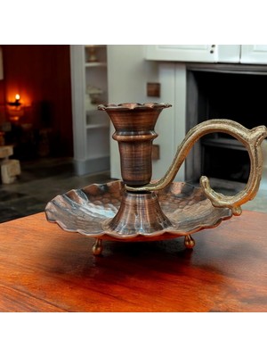 PremiumPort Eritme Bakır Şamdan, Eskitme Bakır Mumluk, Fırfırlı El Şamdanı