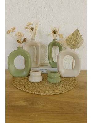 PremiumPort Bohem Tarz 6 Parça Vazo ve Mumluk Seti, Yeşil Bej Biblo Takımı