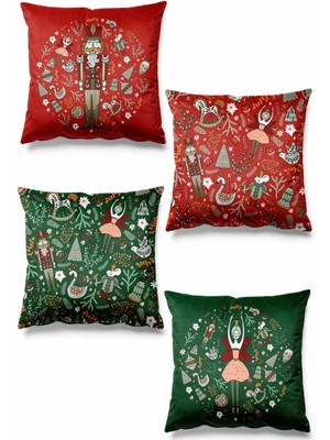 PremiumPort Çift Taraflı Baskılı Ballerina Noel Temalı Süet Kırlent Kılıfı 4'lü Set
