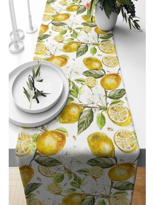 PremiumPort Limon Desenli Süet Dokuma Runner 140X40 Cm, Şık ve Zarif Dekorasyon Parçası