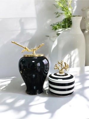 PremiumPort Gold Dallı Siyah Şah Mercan Zamaklı Klasik Dekoratif Obje