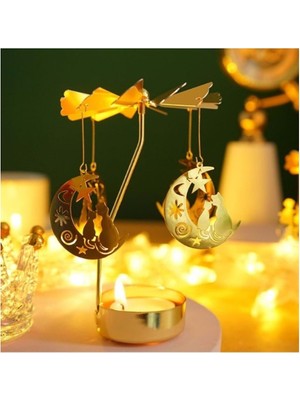 PremiumPort Altın Renkli Dönen Metal Mumluk, Sevimli Kediler Tasarımıyla Şıklık Katar