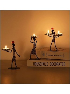 PremiumPort Afrikalı Kadın Temalı Üçlü Metal Tealight Mumluk Seti, Dekoratif ve Şık