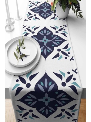 PremiumPort Mavi Seramik Desenli Süet Dokuma Runner, 140X40 Cm, Şık ve Dayanıklı Tasarım