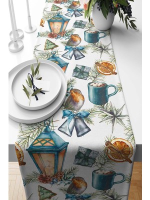 PremiumPort Mavi Fiyonk Desenli Süet Dokuma Runner, Yılbaşı ve Noel Dekorasyonu