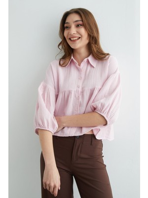 FullaModa Balon Kol Salaş Müslin Kumaş Gömlek