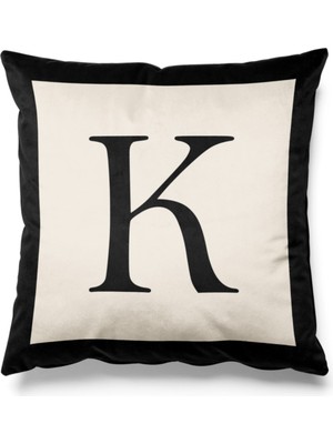 PremiumPort K Harf Figürlü Siyah ve Bej Renkli Çift Taraflı Baskılı Kırlent Kılıfı