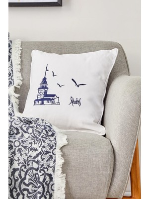 PremiumPort Kız Kulesi Temalı Indigo Renkli Kırlent Yatak Dekorasyonu