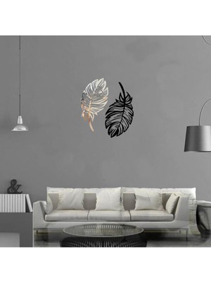 PremiumPort Şık Ikili Dekoratif Kuş Tüyü Seti, Lazer Kesim, Gümüş ve Siyah