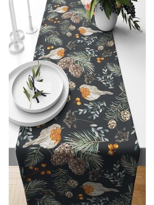 PremiumPort Kozalak Desenli Süet Dokuma Runner, 140X40 Cm, Noel ve Yılbaşı Temalı