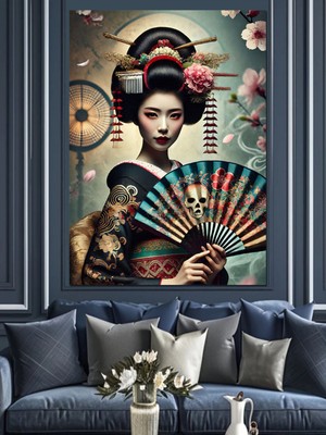 PremiumPort El Sanatları Japon Kadın Portresi Dekoratif Kanvas ve Mdf Tablo