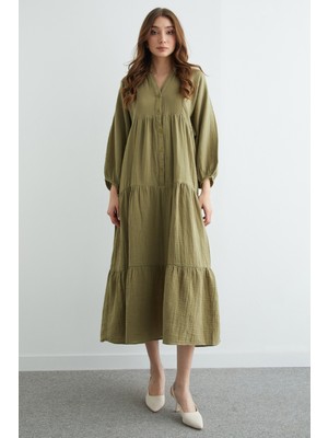 FullaModa Fullamodest Yarım Düğmeli Hakim Yaka Müslin Elbise