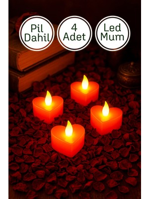 PremiumPort Kırmızı Mini LED Kalp Mum Seti, 4’lü, Pilli, Dekoratif, Dumansız, Alevsiz