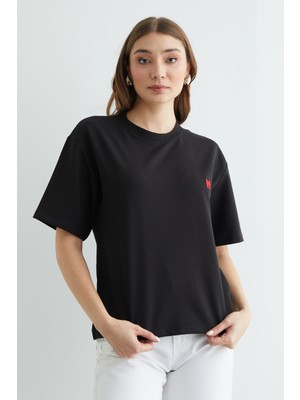 FullaModa Basic Fiyonk Nakışlı Bisiklet Yaka Tişört