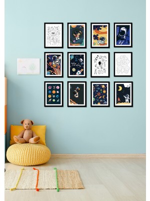 PremiumPort 12 Parça Siyah Çerçeve Görünümlü Space Duvar Dekoru Seti