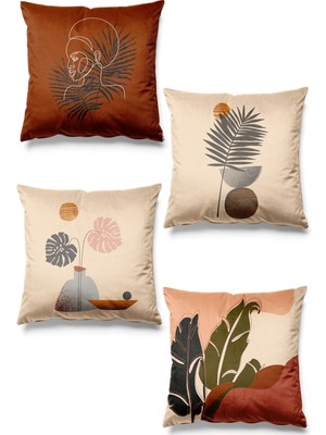 PremiumPort Açık Renkli Çift Taraflı Afrika Portre Desenli 4'lü Süet Kırlent Kılıfı