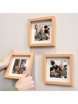 PremiumPort Yapışkanlı 14X14CM Ahşap Paspartulu Kare Fotoğraf Çerçevesi 3'lü Set