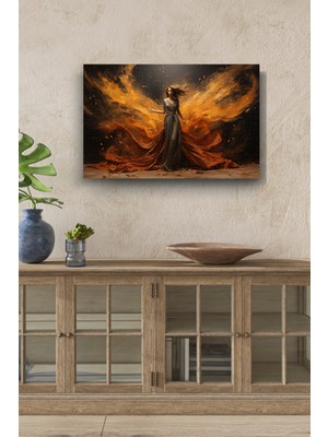 PremiumPort Turuncu Kanat Detaylı Gri Elbiseli Kadın Yatay Kanvas Tablo