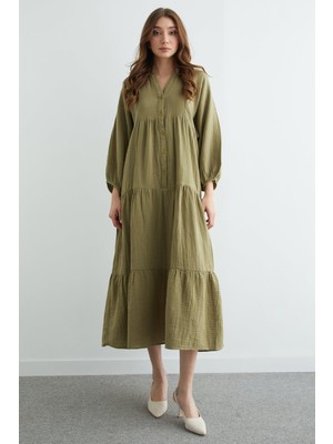 FullaModa Fullamodest Yarım Düğmeli Hakim Yaka Müslin Elbise