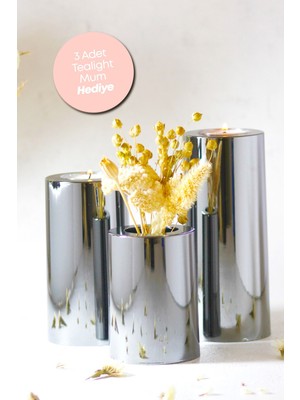 PremiumPort 3’lü Gümüş Parlak Krom Mumluk Seti, Dekoratif ve Şık Tasarım