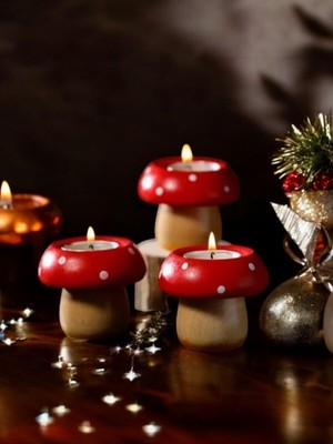 PremiumPort 3'lü Mantar Mumluk Şamdan Seti Ahşap Dekorasyon Parti Süsü