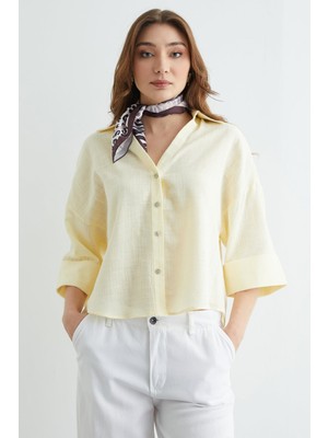FullaModa Keten Görünümlü  Kapri Kol Gömlek