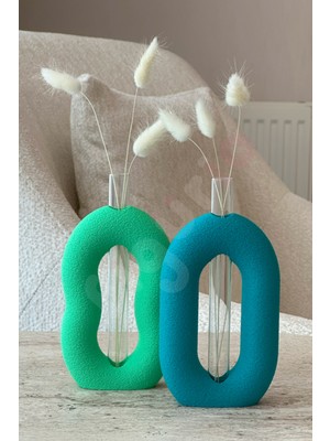 PremiumPort Turkuaz Mavi Cam Tüplü Dekoratif Vazo Seti, Lagurus Kuru Çiçekli