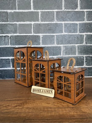 PremiumPort 3'lü Mini Ahşap Dekoratif Süs Fener Seti, Hint Penceresi Motifi