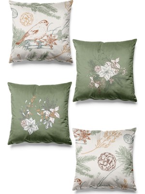 PremiumPort Çift Taraflı Ispinoz Desenli 4'lü Süet Kırlent Kılıfı Yılbaşı Temalı