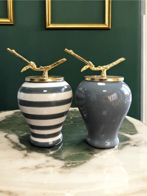 PremiumPort Şah Küp 2'li Gold Dal Zamaklı Gri Dekoratif Obje Feray Home