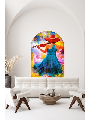 PremiumPort Renkli ve Kendinden Yapışkanlı Keman Çalan Kız Temalı Duvar Kağıdı