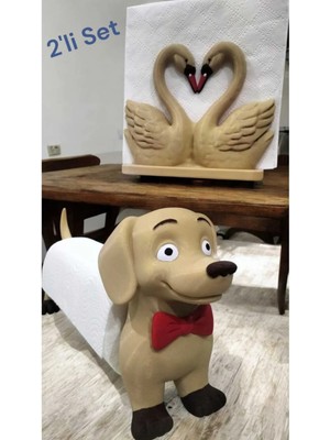 GezegenX Peçetelik Set, Rulo Kağıt Havluluk +Kare Peçetelik, 2'li Peçete Standı, Dekoratif Kuğu Köpek Figürlü