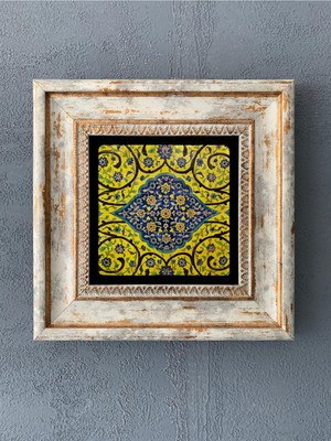 PremiumPort Şık Çerçeveli Taş Duvar Dekoru 20X20 Cm, Zarif Çini Desenli Tasarım