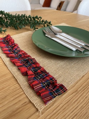 PremiumPort Ekose Büzgülü Jüt Amerikan Servis 4'lü Set, Şık ve Doğal Tasarım