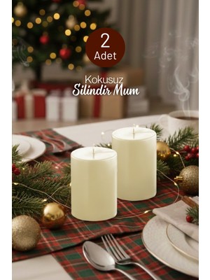 PremiumPort 2'li Silindir Dekoratif Krem Mum, Yılbaşı ve Hediyelik, Koku Yok