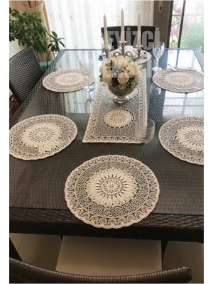 PremiumPort Şık Ekru Dantelli Runner ve Supla Takımı, 1 Runner ve 6 Supla