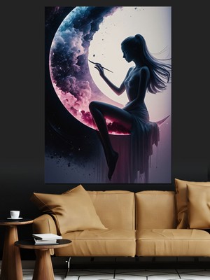 PremiumPort Ay ve Kadın Temalı Dekoratif Kanvas Tablo, Şık ve Modern Ev Dekoru