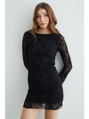 FullaModa Kadife Detaylı Mini Boy Transparan Elbise