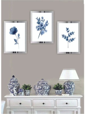 PremiumPort 3'lü Çiçek Desenli Dekoratif Pleksi Aynalı Mdf Tablo Seti