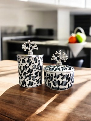 PremiumPort Şık Leopar Silindir ve Obje Takımı, Gümüş ve Mercan Detaylı Mutfak Dekoru