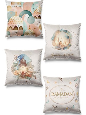 PremiumPort Ramazan Temalı Çift Taraflı Pudra Desenli 4'lü Süet Kırlent Kılıfı