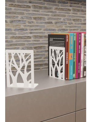 PremiumPort Ağaç Desenli Beyaz Metal Kitap Tutucu Çiftli Set, Modern ve Şık Tasarım