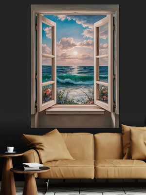 PremiumPort Deniz Çiçek ve Pencere Temalı Dekoratif Kanvas ve Mdf Tablo