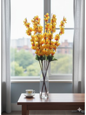 PremiumPort 3 Adet Sarı Yapay Bahar Dalları ve Uzun Vazo Çiçeği Seti