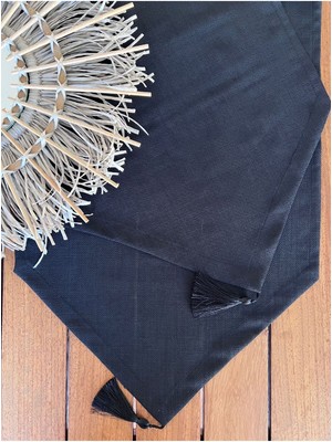 PremiumPort Keten Jüt Dokulu Siyah Runner Örtü, Şık ve Zarif Dekorasyon Detayı