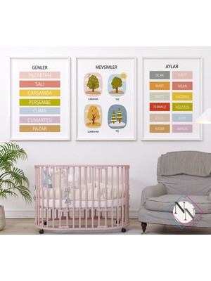 PremiumPort Günler, Aylar, Mevsimler Ahşap Eğitici Seti, Bebek ve Çocuk Odası Tablo
