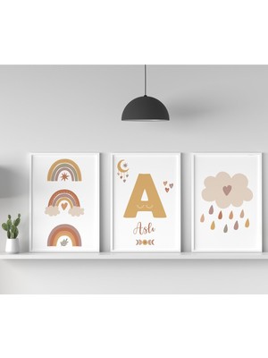 PremiumPort Renkli Gökkuşağı Harfler ile Çocuk ve Bebek Odası Dekoru, Çerçeveli 3'lü Tablo