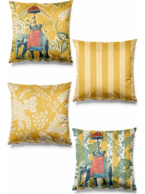PremiumPort Sarı Hint Fili Desenli 4'lü Süet Kırlent Kılıfı, Şık ve Rahat Dekorasyon Için
