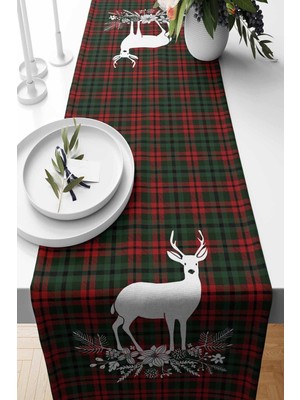 PremiumPort Geyik Desenli Süet Dokuma Runner, 140X40 Cm, Yılbaşı ve Noel Dekorasyonu